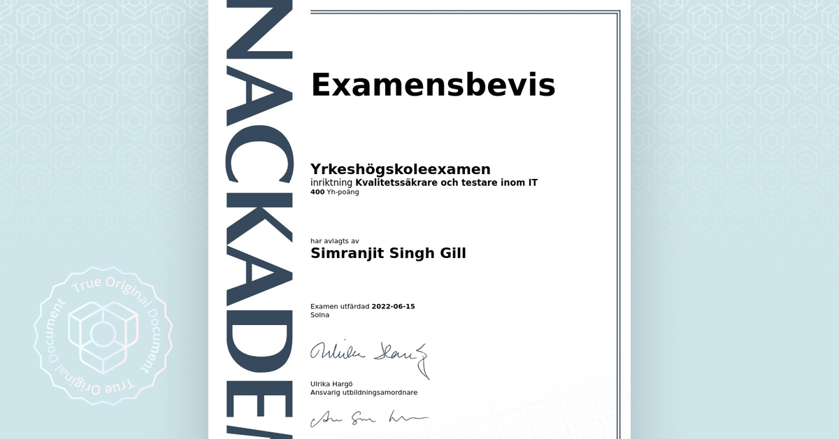 Nackademin Examensbevis Utf Rdat Till Simranjit Singh Gill Av