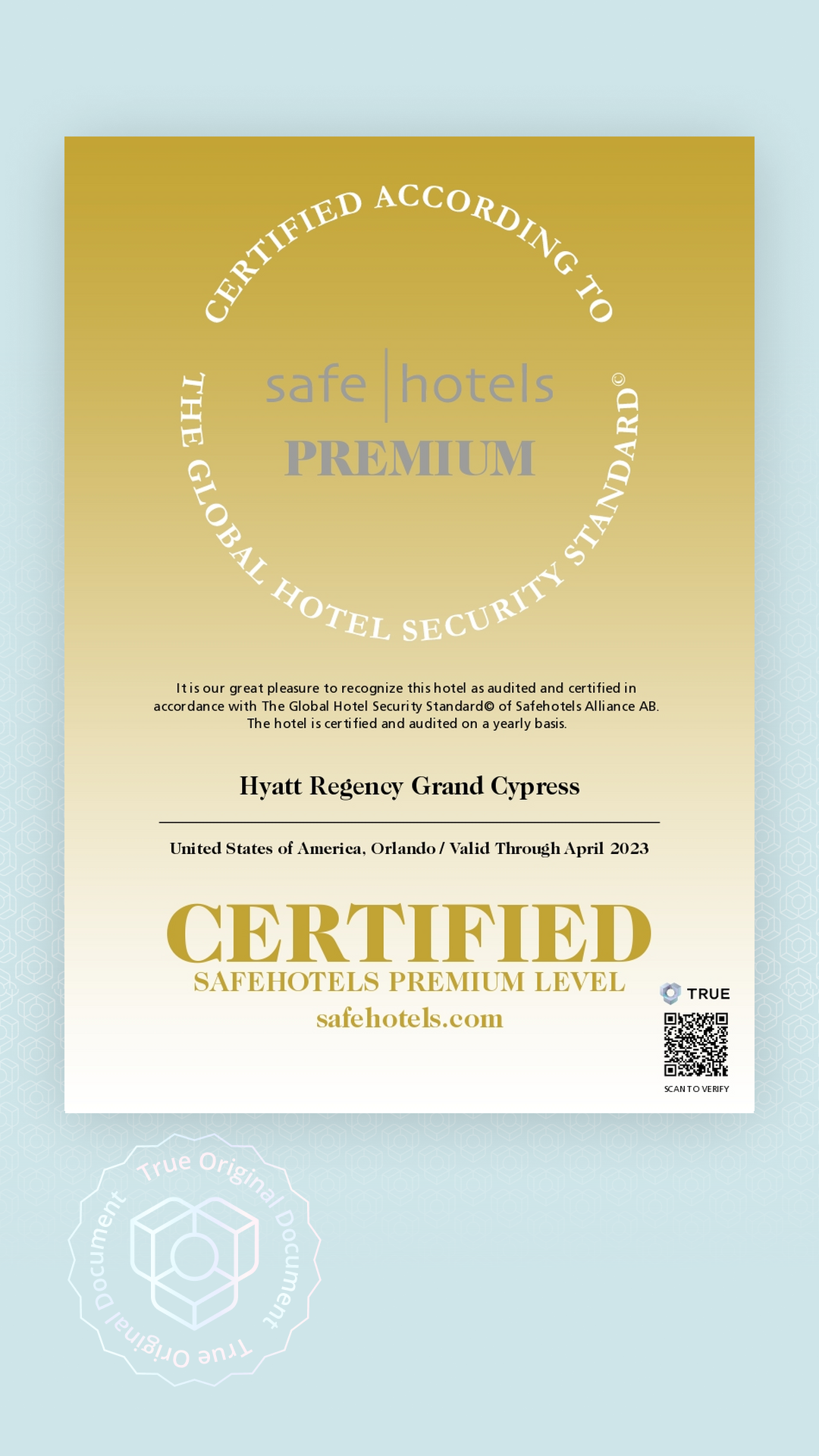 Safehotels Certificate issued to Hyatt Regency Grand Cypress by