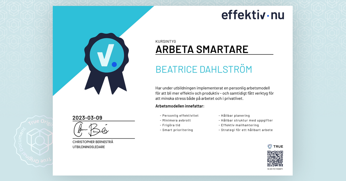 Effektiv Nu Kursintyg utf rdat till Beatrice Dahlstr m av